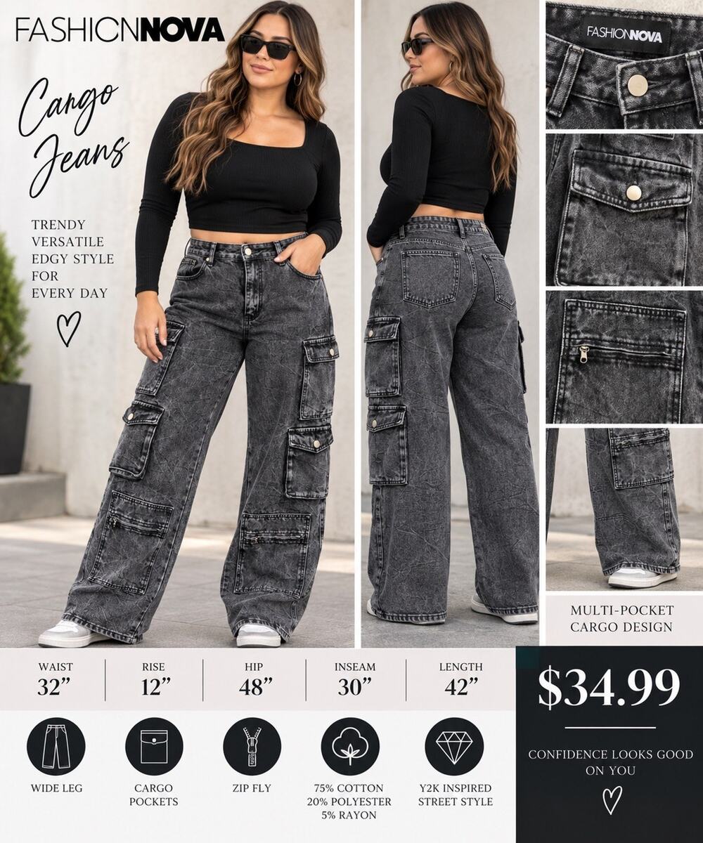 Fashion Nova Women Acid Wash Black Cargo Jeans Denim Button Zip Sz 9 Pockets